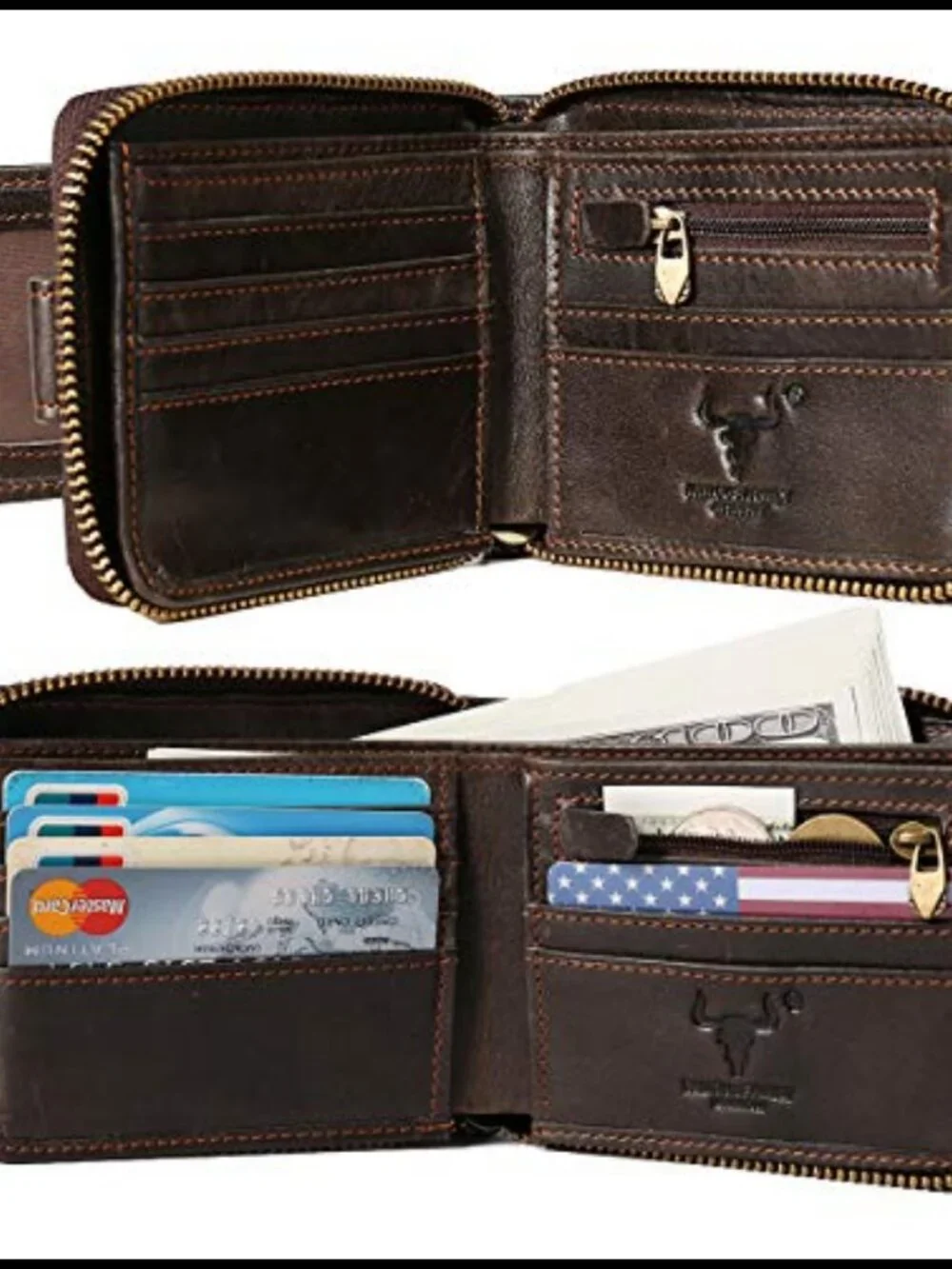 Full Grain Leather RFID Blocking Bifold Wallet for Men with Zipper and ID Window